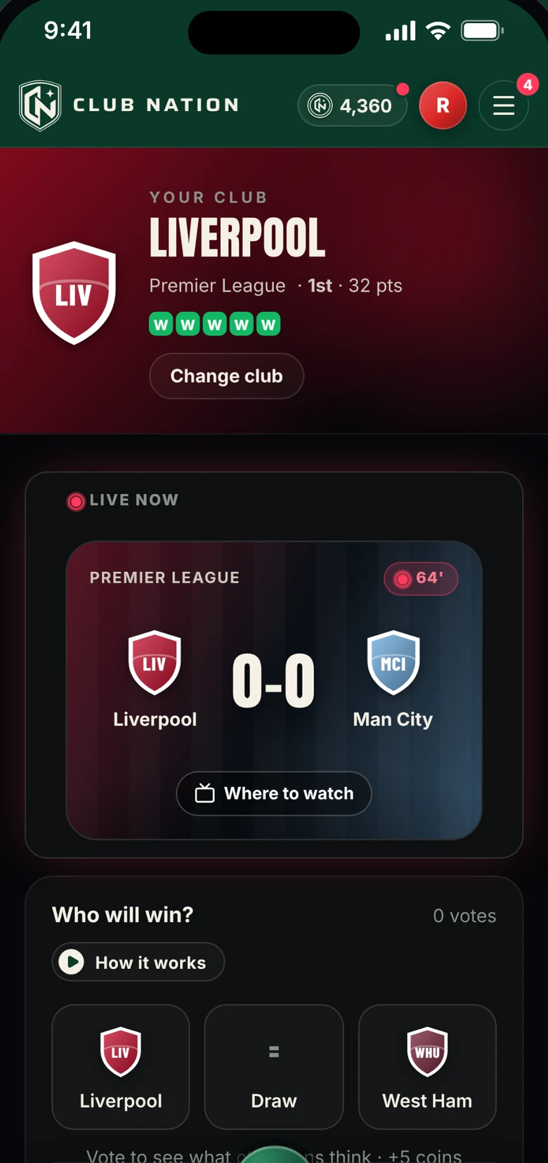 Club Nation football app, club screen